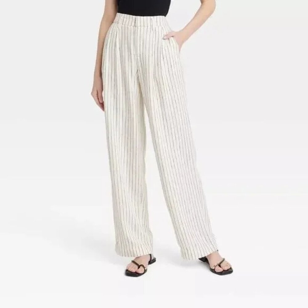 NEW A New Day Linen Essential Trouser - Cream/Black Stripe - Size 16